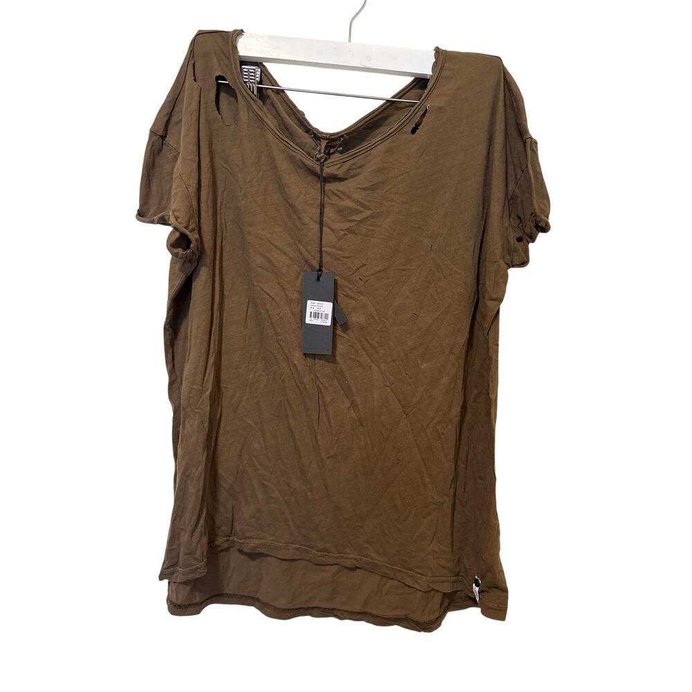 NWT One Teaspoon Sz Regular Khaki Brown Distressed Short Sleeve 100% Cotton Tee
